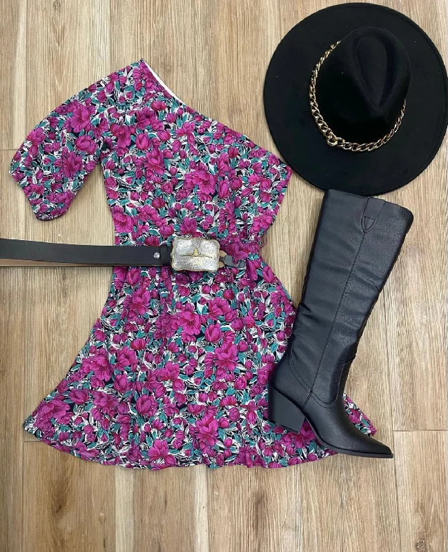 One Sleeve Purple Floral Dress