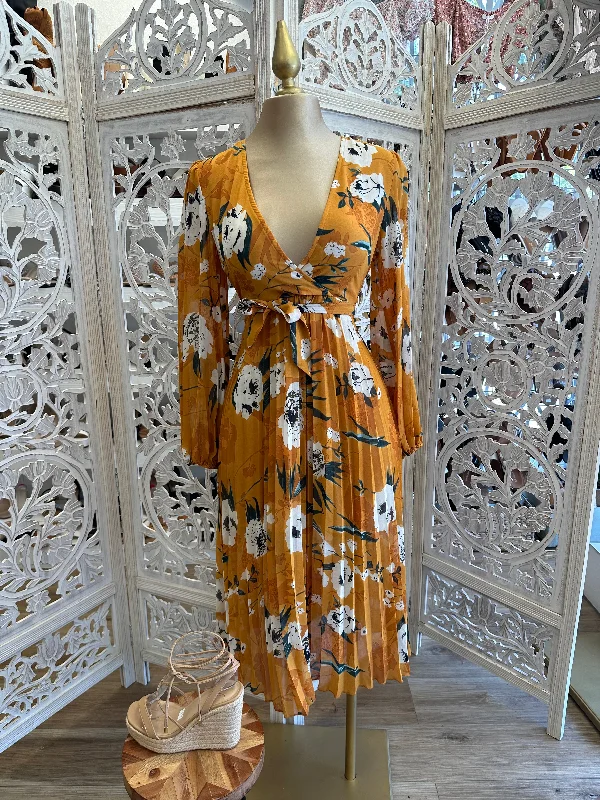 Orange Pleated Floral Dress