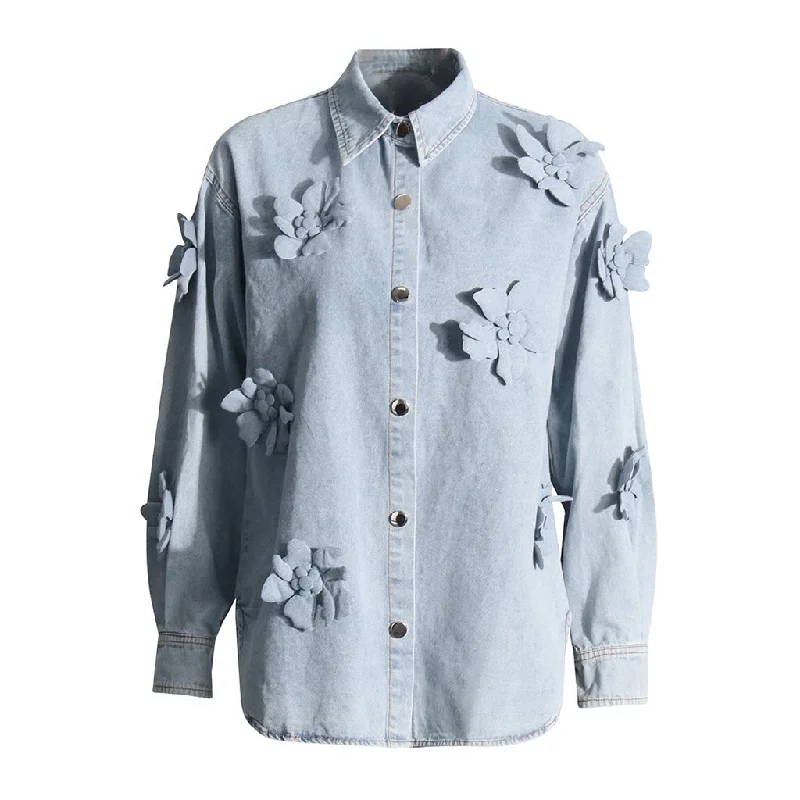 Oversized Collared Long Sleeve Rosette Applique Button Down Denim Jacket