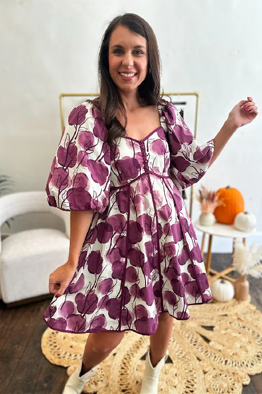 Plum and Ivory Floral Button Dress