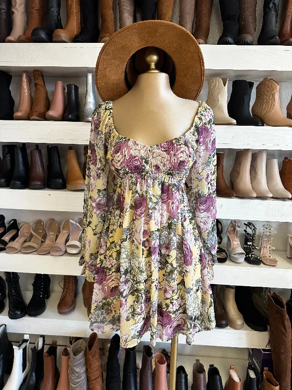 Purple Floral Bell Sleeve Dress