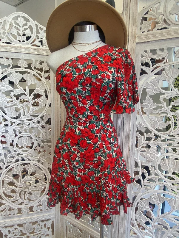 Red Floral Ruffle Sleeve Dress