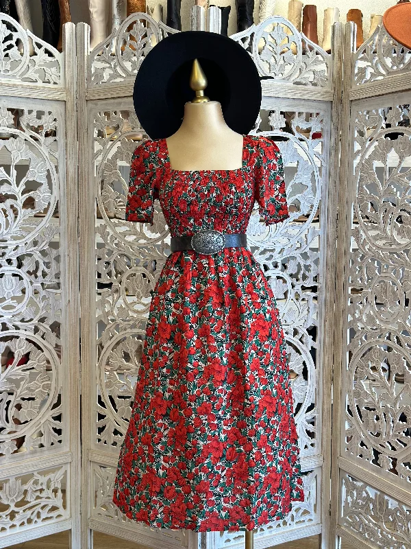 Red Floral Square Neck Dress- Stretchy