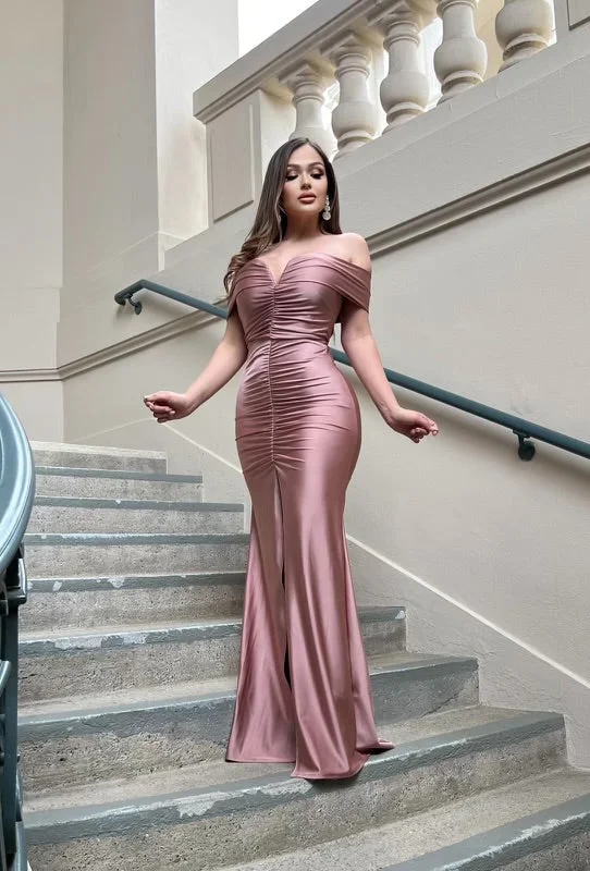 Rose Gold Heartline Ruched Gown- Slightly Stretchy, Estira