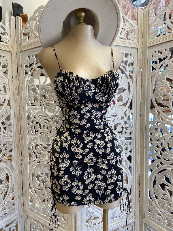 Satin Black Floral Dress