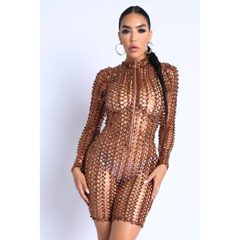 Sexy Club Outfit Romper Long Sleeve Cutting Mesh Bodysuit