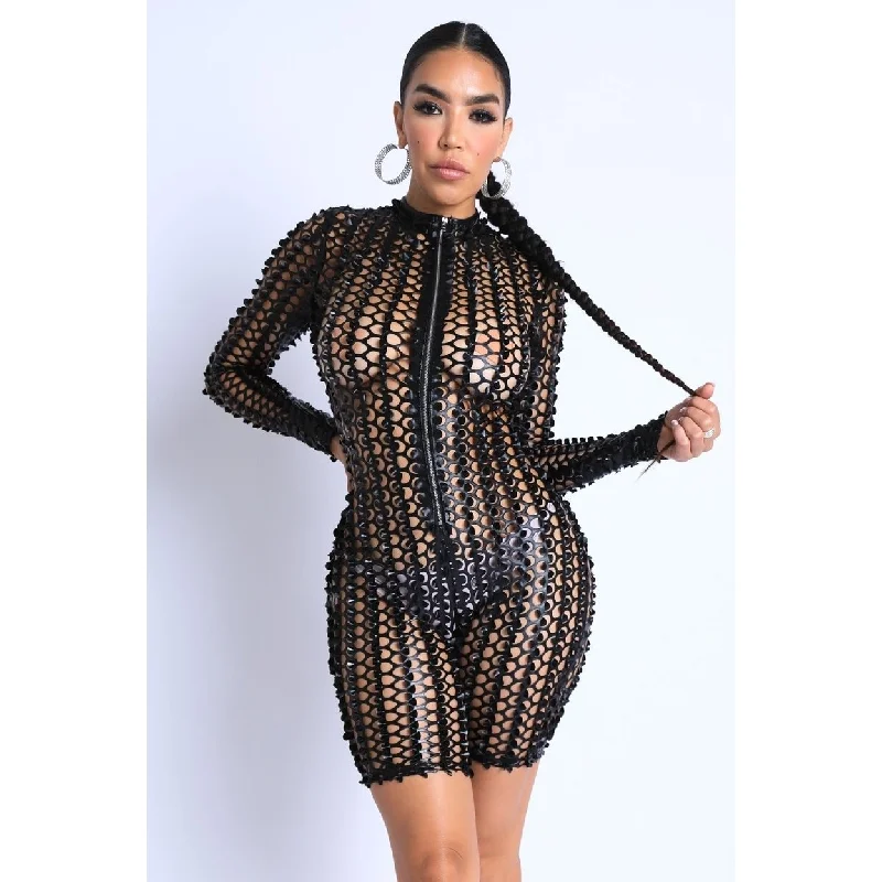 Sexy Club Outfit Romper Long Sleeve Cutting Mesh Bodysuit Black