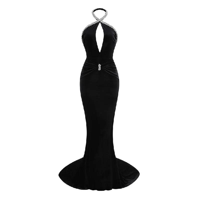 Sexy Cutout Halter Rhinestone Braided Ruched Backless Long Train Velvet Dress