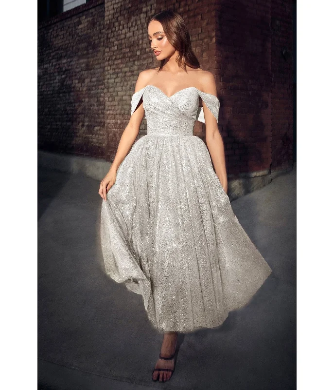 Cinderella Divine Off White Glitter Off The Shoulder Tea Length Gown