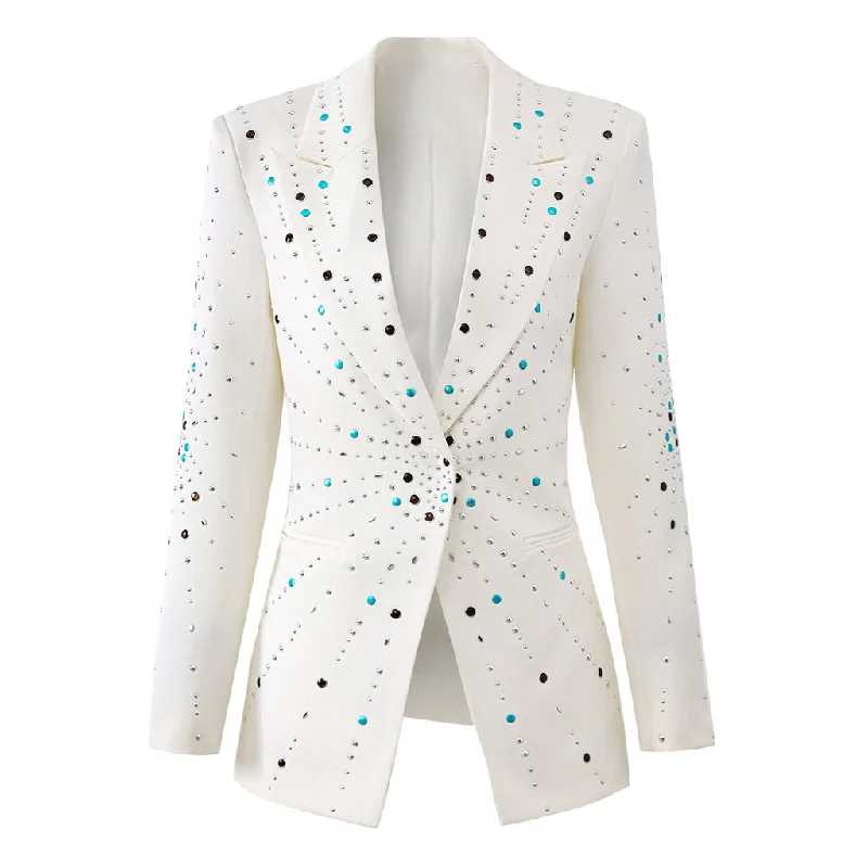 Starburst Galaxy Lapel Collar Padded Long Sleeve Cinch Waist Studded Blazer