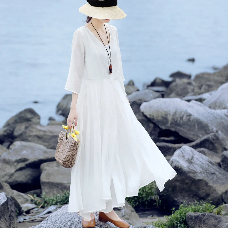 Summer Long Sleeve Vintage Solid Dress