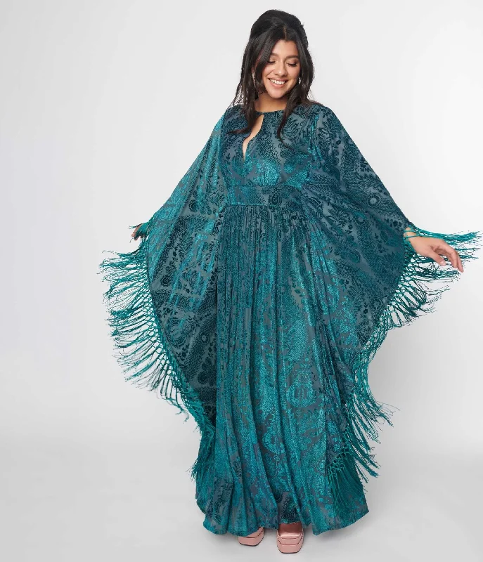 Unique Vintage Emerald Floral Fringe Flutter Sleeve Caftan