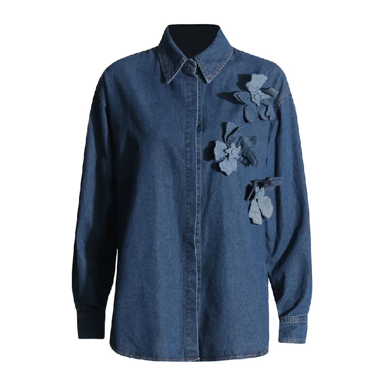 Vintage Folded Collar Long Sleeve Button Up Oversized Rosette Denim Shirt