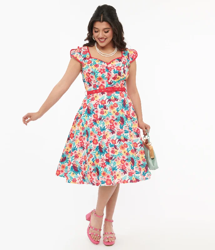 Voodoo Vixen 1950s Multicolor Floral Cat Print Fit & Flare Dress