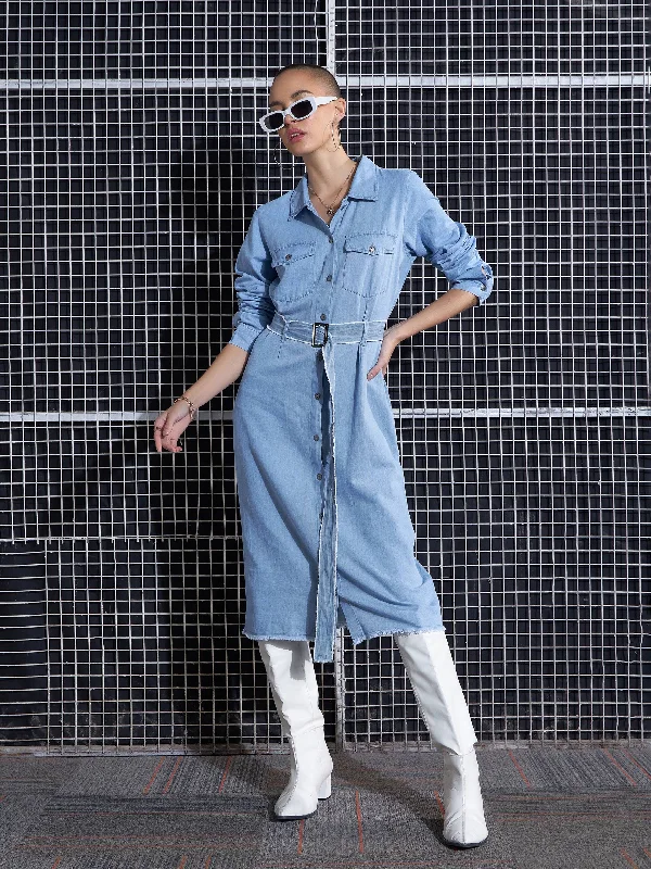 Women Ice Blue Raw Edge Pocket Shirt Dress