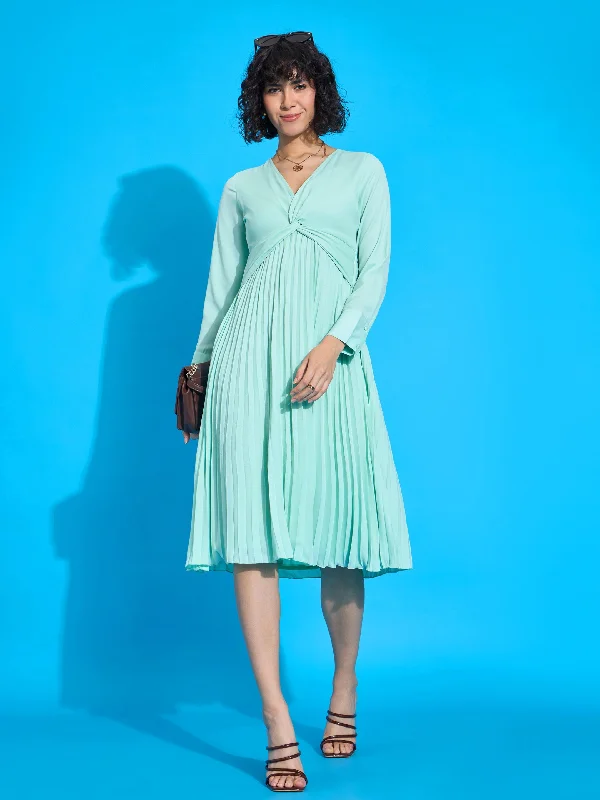 Women Sea Green Twisted Pleated Skater Dress