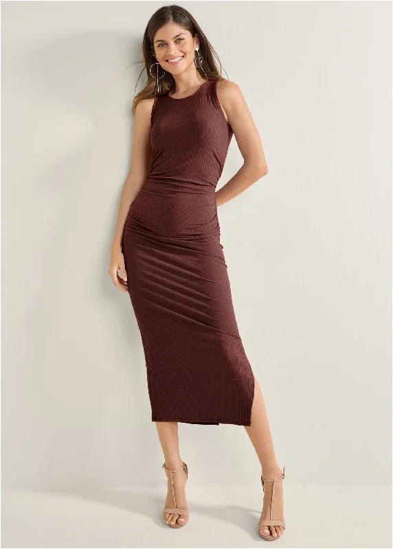 Ribbed Bodycon Midi Dress - Auburn