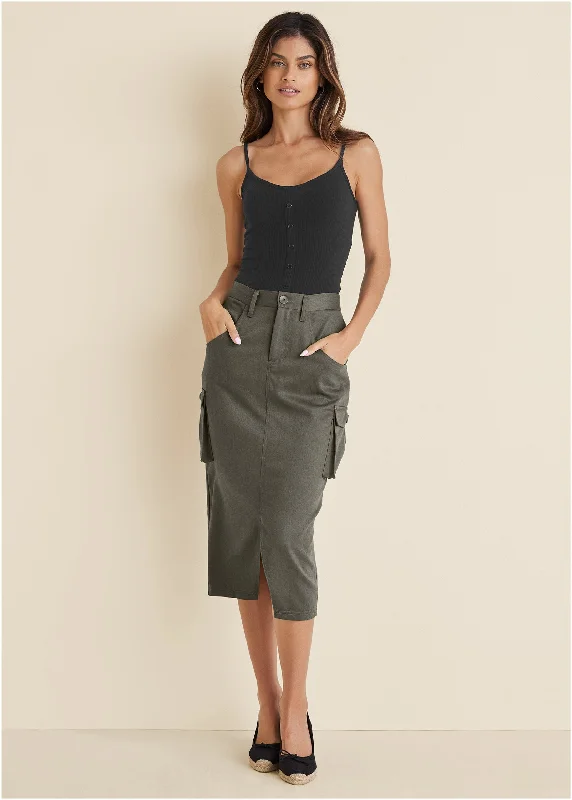 Twill Cargo Midi Skirt - Olive