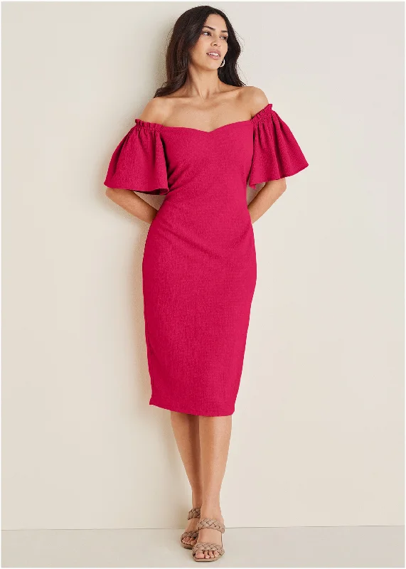 Fluted Satin Midi Dress - Dark Pink