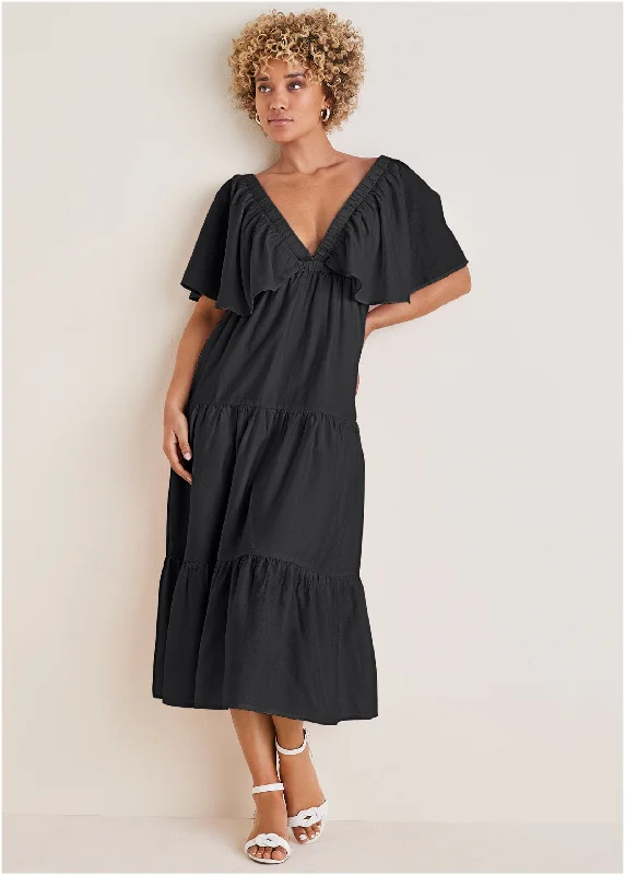 Crinkle Midi Dress - Black