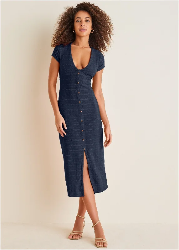 Linen Midi Dress - Navy