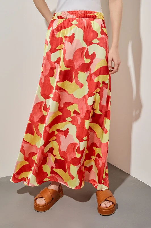 A-Line Maxi Skirt - Crepe de Chine, Multi-Color Abstract