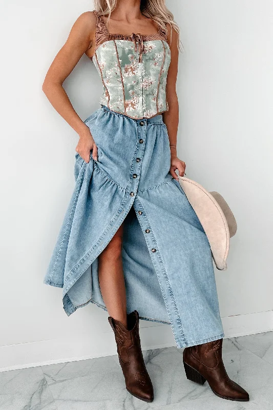 Jolene Button Up Denim Midi Skirt (Denim)