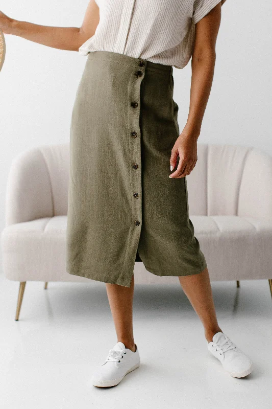 'Leslie' Side Button Midi Skirt in Olive