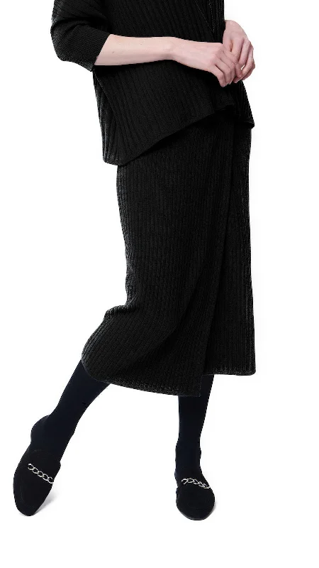 Lexi RIb-Knit Midi Wrap Skirt; Black