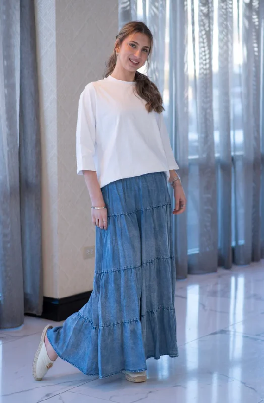 Mayas Place Denim Tiered Maxi Skirt