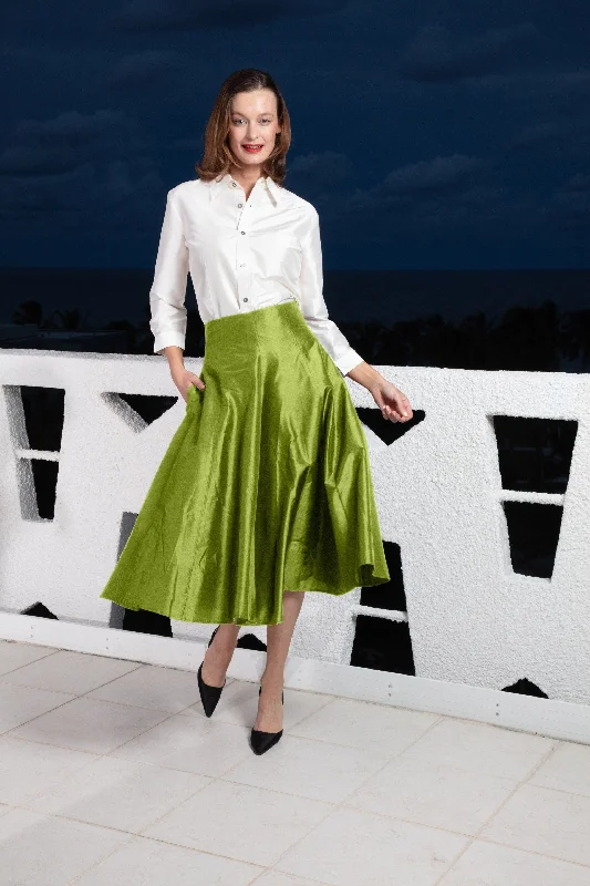 Mid-Calf Skirt Green Silk