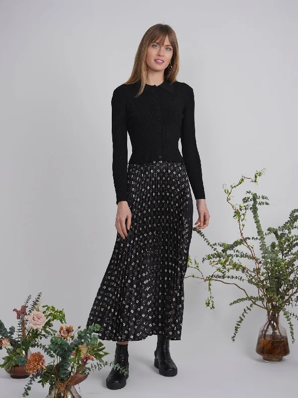 Viva K Black/Stone Printed Pleated Midi Skirt WB4CM1101SM